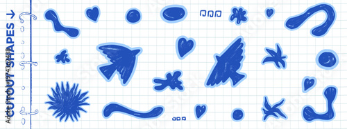Blue bird and trinkets sticker cutout set with folk crayon texture for kid scrapbook and notebook. Naive bird shapes and paper blobs with handmade feel. Vector set with kid dove sticker cut blue shape