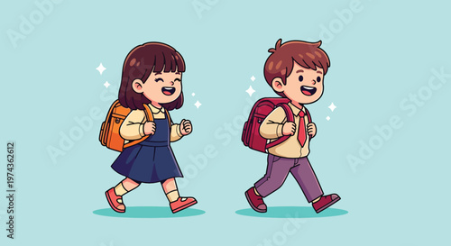 Happy School Children Walking Together with Backpacks Vector Illustration.