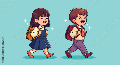 Happy School Children Walking Together.