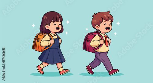 Happy School Children Walking Together with Backpacks.