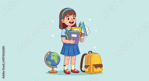 Happy schoolgirl ready for class with books and backpack.
