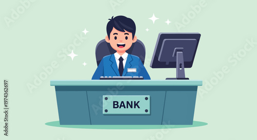 Smiling Male Bank Employee Sitting at Desk with Computer.