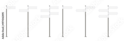 Traffic street sign collection with directional arrows. Blank road signage on poles, realistic outdoor signpost boards for highway navigation, urban wayfinding and travel routes.