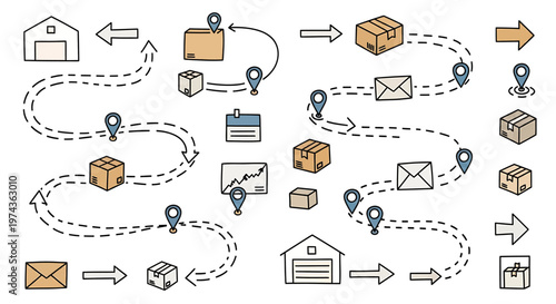 Hand-drawn logistics and delivery icons set illustrating the entire supply chain process, from ordering to package tracking and warehouse operations, perfect for e-commerce and business presentations