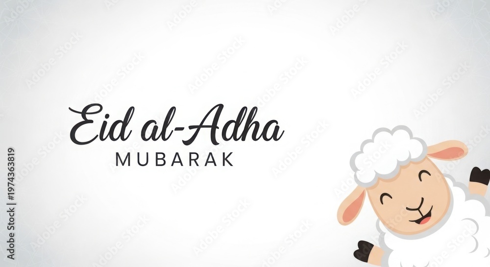 Fototapeta premium Cute cartoon sheep and Eid al-Adha Mubarak text on white background