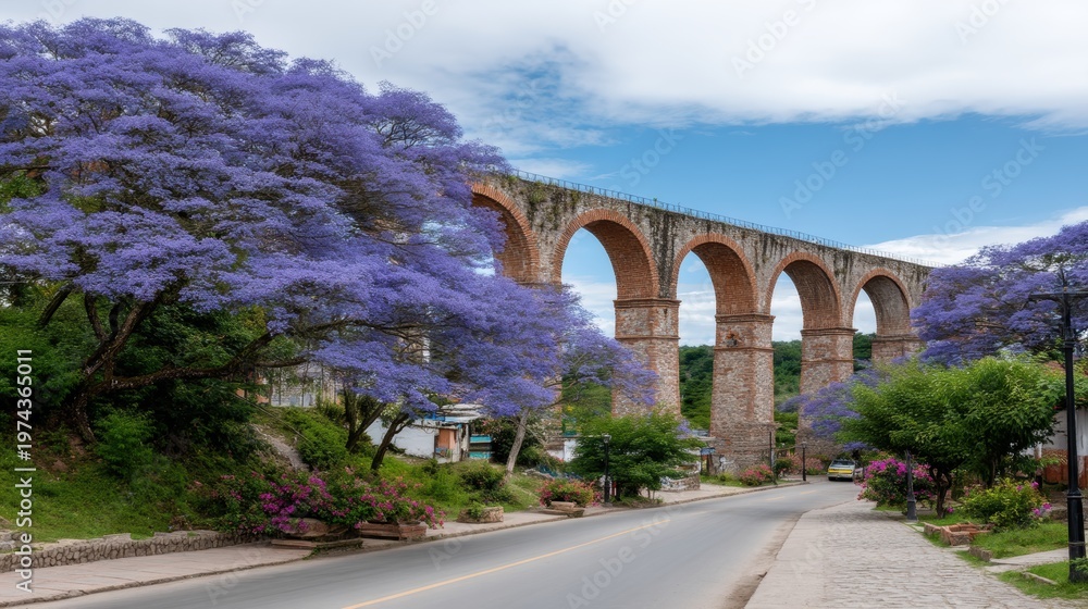 Fototapeta premium A large aqueduct stands with arches while purple trees surround the area. A wall with bricks is visible beside green plants