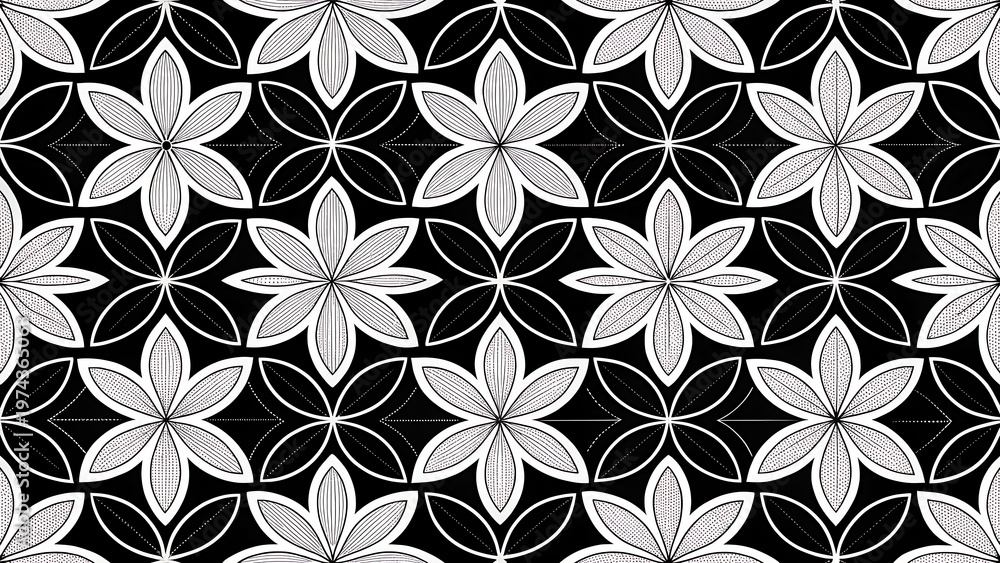 Fototapeta premium Seamless repeating pattern of six petal floral motifs in a black and white hand drawn sketch style illustration
