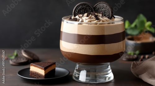 Dessert features layers of cream and chocolate served in a glass bowl with wafers next to a piece of cake on a wooden table