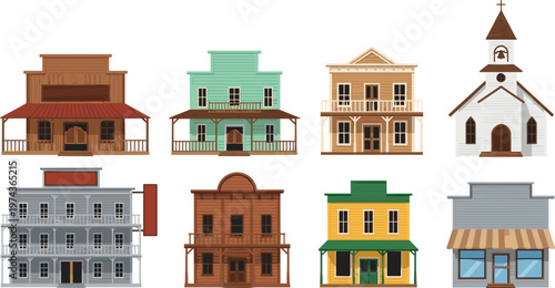 Western, town, buildings, colorful, flat, design, vintage, storefronts, architecture, set, old, style, illustration, street, facade, collection, cartoon, classic, icons, isolated