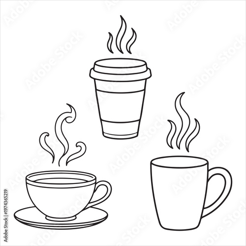 A line drawing of three steaming hot beverage cups