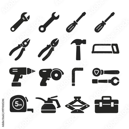 "Tools and Hardware Icons Set - Wrench, Screwdriver, Hammer, Drill, Saw, Pliers, Tape Measure, Toolbox, Car Jack Vector Collection. Construction, DIY and Repair Equipment Silhouettes with Editable Str