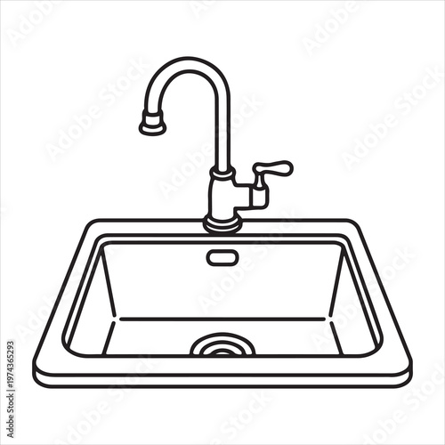 A black and white drawing of a kitchen sink