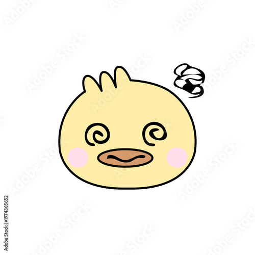 Cute Kawaii Duck Face with Dizzy Confused Swirl Eyes and Question Symbol in Flat Cartoon Style