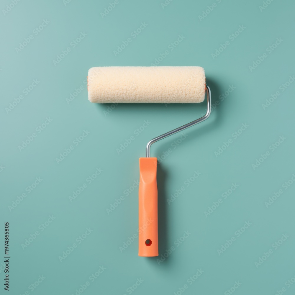 Obraz premium Paint roller with plush fiber cover and ergonomic orange handle isolated on a teal background with copy space for hardware store catalog or home renovation DIY project