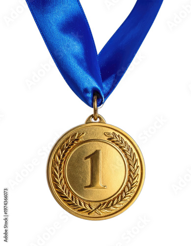 A gold medal with a blue ribbon hangs against a stark black background, symbolizing achievement and victory in a competitive setting.