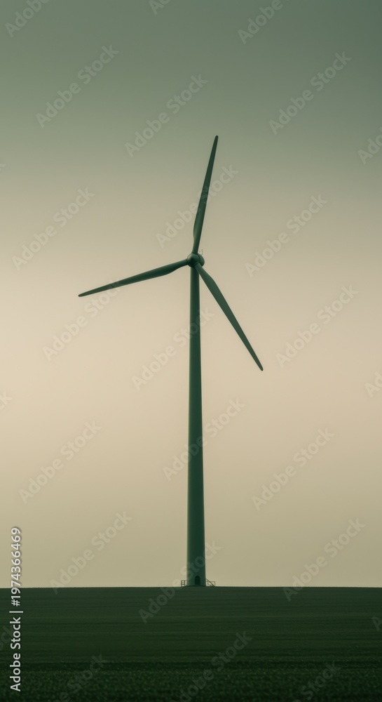 Fototapeta premium Single Wind Turbine Standing in a Vast Green Field Under a Muted Sage Sky for Sustainability Report Cover with Ample Copy Space Background