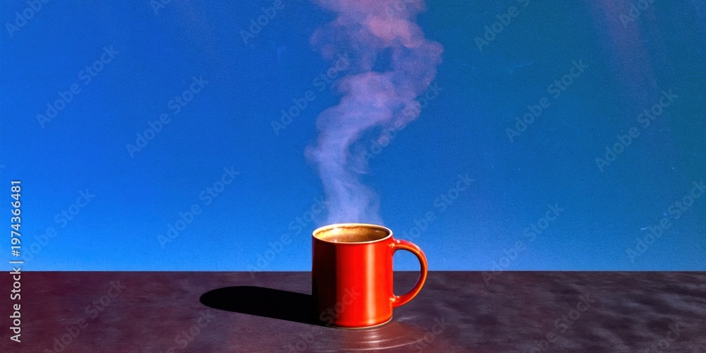 Naklejka premium Red ceramic mug with steaming hot coffee on dark table with blue background and copy space, ideal for morning routine blog or cafe branding concept