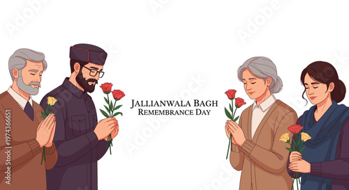 An illustration shows people paying tribute on Jallianwala Bagh Remembrance Day, each holding roses in a solemn memorial ceremony, depicted in a respectful vector style against a clean