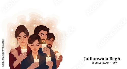 Somber illustration showing people holding candles in a vector design, paying tribute on Jallianwala Bagh Remembrance Day with respect and tribute, set against a clean white background