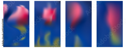 Tulips flower with gentle blur on blue background social media story post. Abstract ethereal florals gradient backdrop set. Vector spring botanical gradation templates. Soft focus blurry dreamy bg.