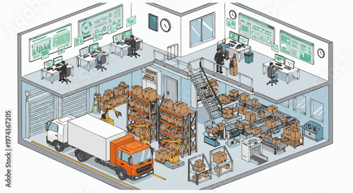 Isometric vector illustration of active warehouse interior with truck, pallets, upper level, workers, and railing