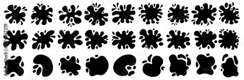 Splash silhouette water blob. Black simple paint puddle stain set. Abstract blot blank shape with fluid drip. Glossy handmade spot for a design backdrop. Organic irregular amoeba collection isolated.