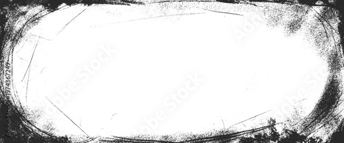 Blank border or paper frame with dust and grunge with black vignette and white distress. Bold frame overlay with dark rustic imperfection and film texture. Vector noir screen for retro print.