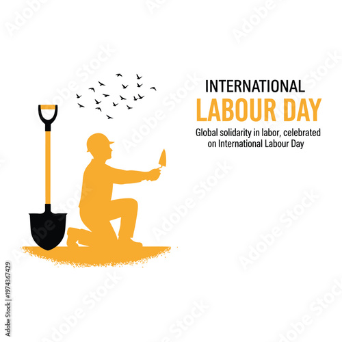 Title international labour day illustration worker kneeling with shovel and birds description a vibrant illustration celebrating