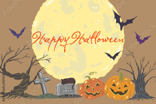 Halloween background illustration with full moon graveyard and jack-o'-lanterns