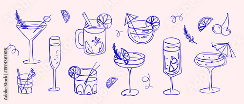 Hand drawn cocktail set with martini margarita champagne wine and mixed drinks glasses with citrus garnish in blue line style for bar menu design packaging branding, beverage related graphics.Vector