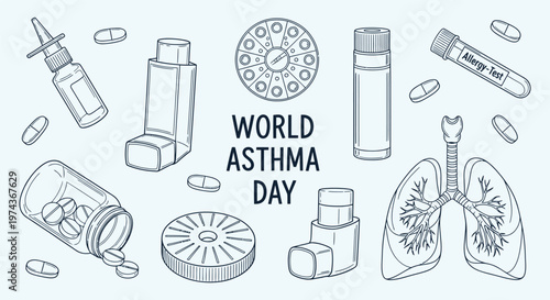 Title world asthma day illustration medical tools and lung anatomy sketch description a hand drawn sketch for