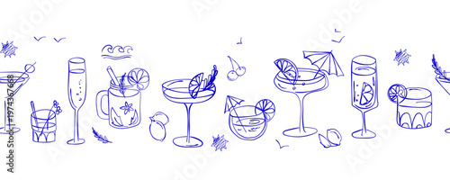Hand Drawn Drinks Seamless Pattern with Cocktail Glasses and Garnishes.Mixed drinks with citrus garnish in blue line style for bar menu design packaging branding textile wallpaper.Vector