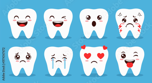 Vector illustration of eight cartoon teeth with facial expressions on bright vector illustration background