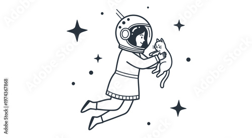 Astronaut woman holding cat floating in outer space