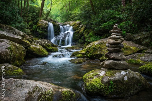 Serene forest waterfall cascading over mossy rocks, lush green foliage
