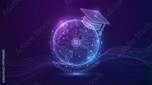 Academy Connection: A digital globe with a graduation cap. The composition implies global education, technology, and interconnectedness. It's a visual metaphor for the modern learning landscape.