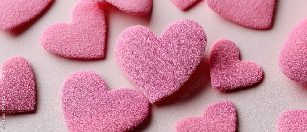 Fototapeta premium A flat lay view shows pink paper hearts scattered on a soft pastel background, creating a fun and lively scene for various uses