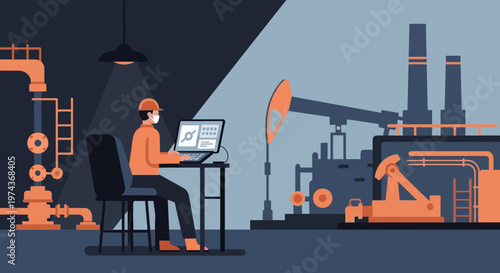 Worker analyzing data in industrial setting with oil and gas equipment