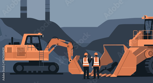 Construction site machinery with workers in industrial landscape