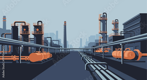 Industrial plant with pipelines and towers in minimalist style