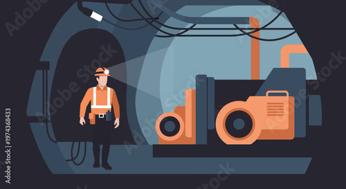 Miner in safety gear operates machinery in underground tunnel passage