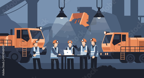 Industrial teamwork in modern mining facility with heavy machinery under lights