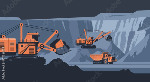 Heavy machinery operating in open-pit mine during nighttime