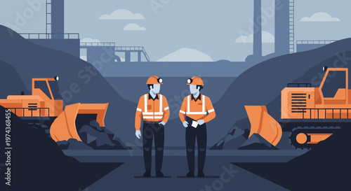 Industrial workers at a mining site with heavy machinery in flat design