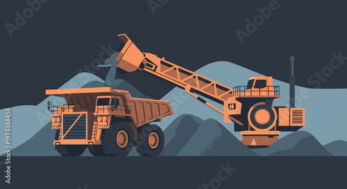Heavy machinery in action: excavator and dump truck at nighttime mining site