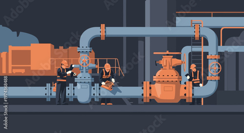 Industrial workers maintaining complex pipeline system in stylized flat design