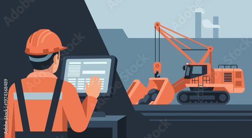 Construction site automation: worker operating digital controls for heavy equipment