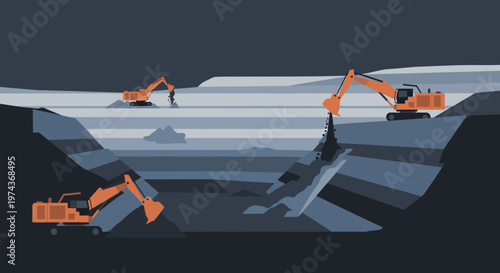 Construction machinery in action: modern excavators in quarry scene