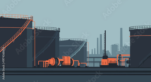 Industrial skyline with oil storage tanks and piping in modern silhouette style