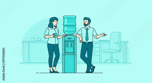 Business colleagues talking by water cooler in modern office